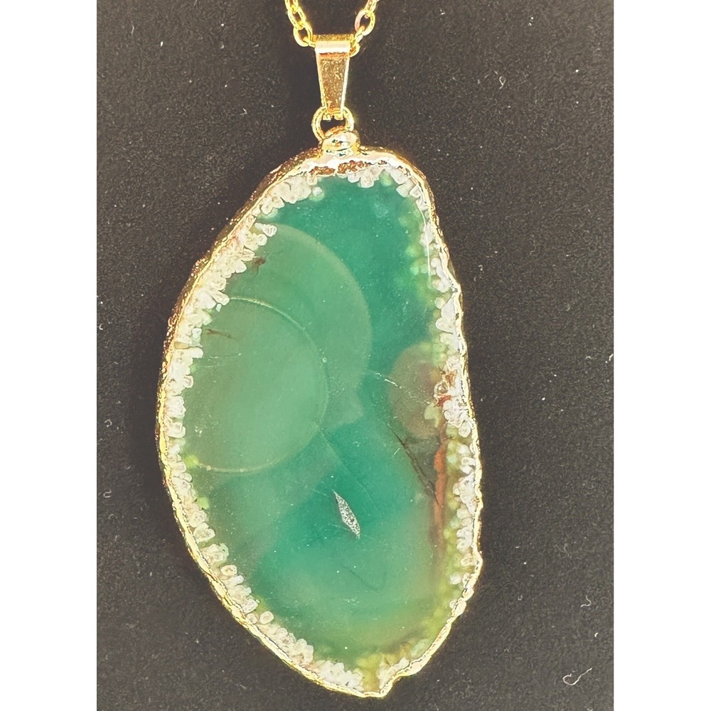Green Agate Slice Necklace w/ 18" Gold Tone Trim Chain Adjustable Healing Stone - Picture 2 of 5